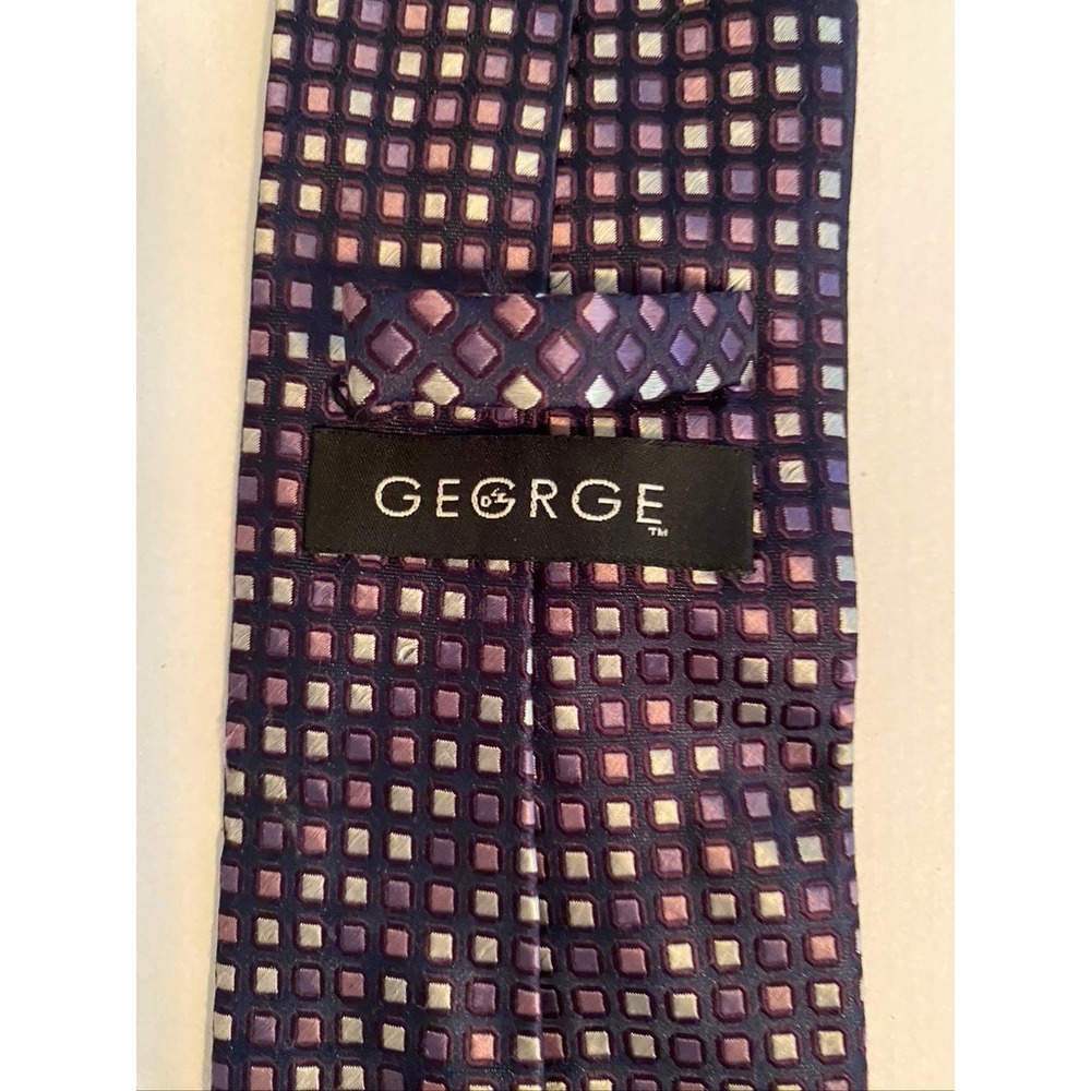George Mens Necktie Purple Silver Geometric Square Pattern Hand Made‎ Polyester